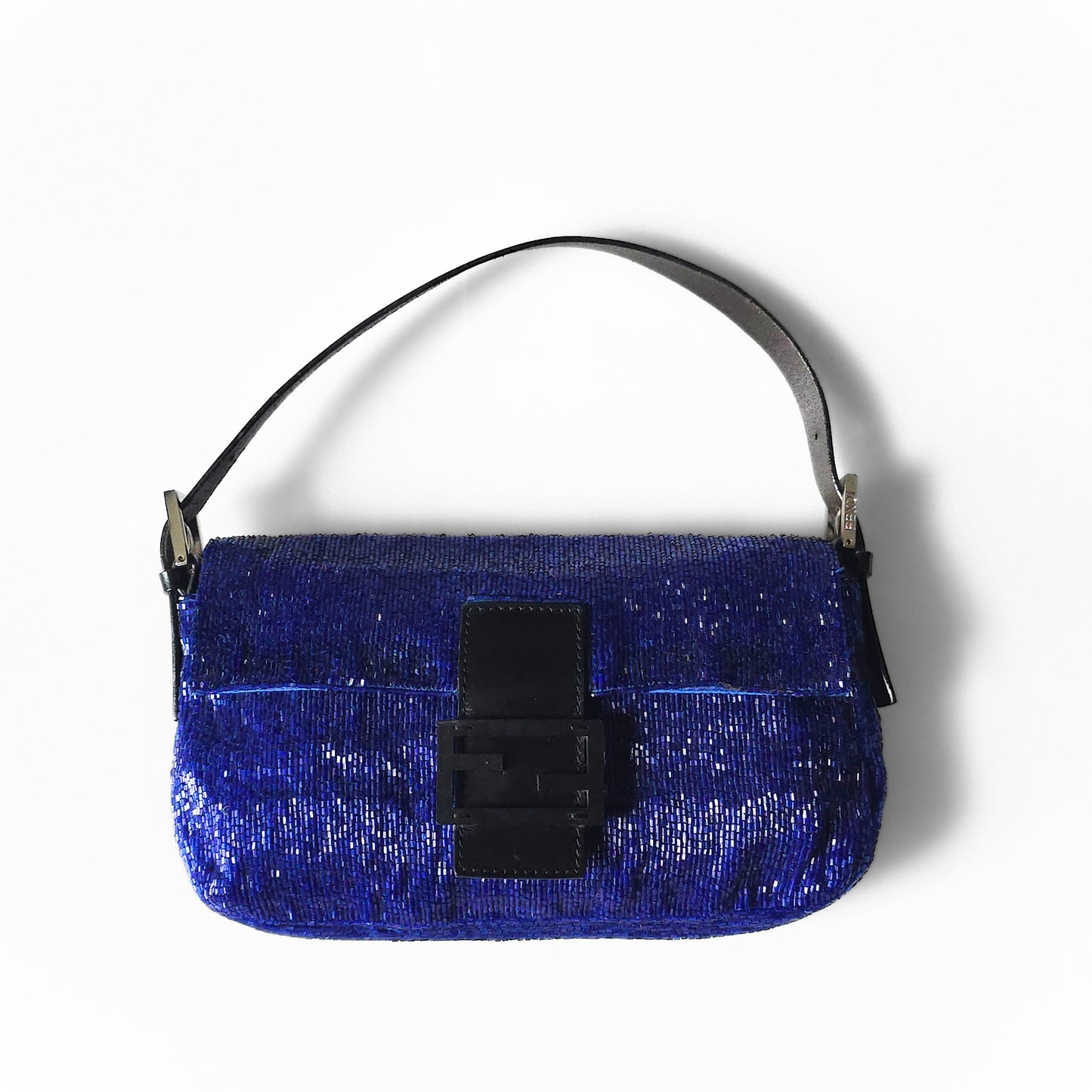 Fendi Baguette Beaded Sapphire Blue Black Leather Detail