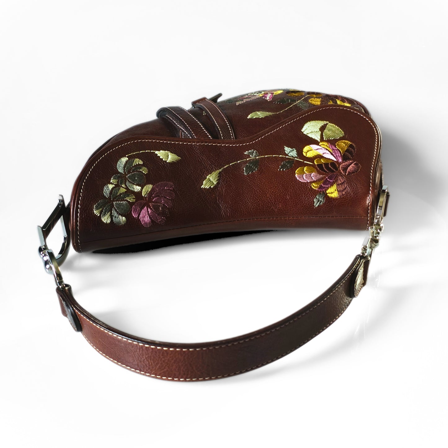 Dior Saddle Bag Floral Butterfly Embroidery Brown Leather