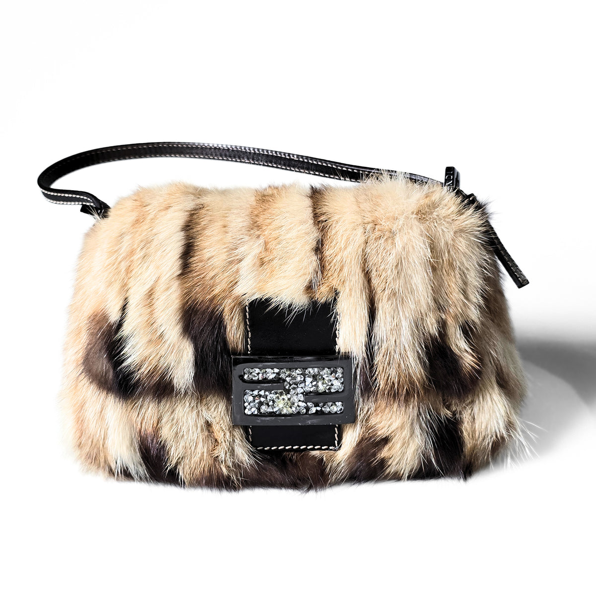 Fendi Mini Mama Baguette Genuine Mink Fur Crystal Detail