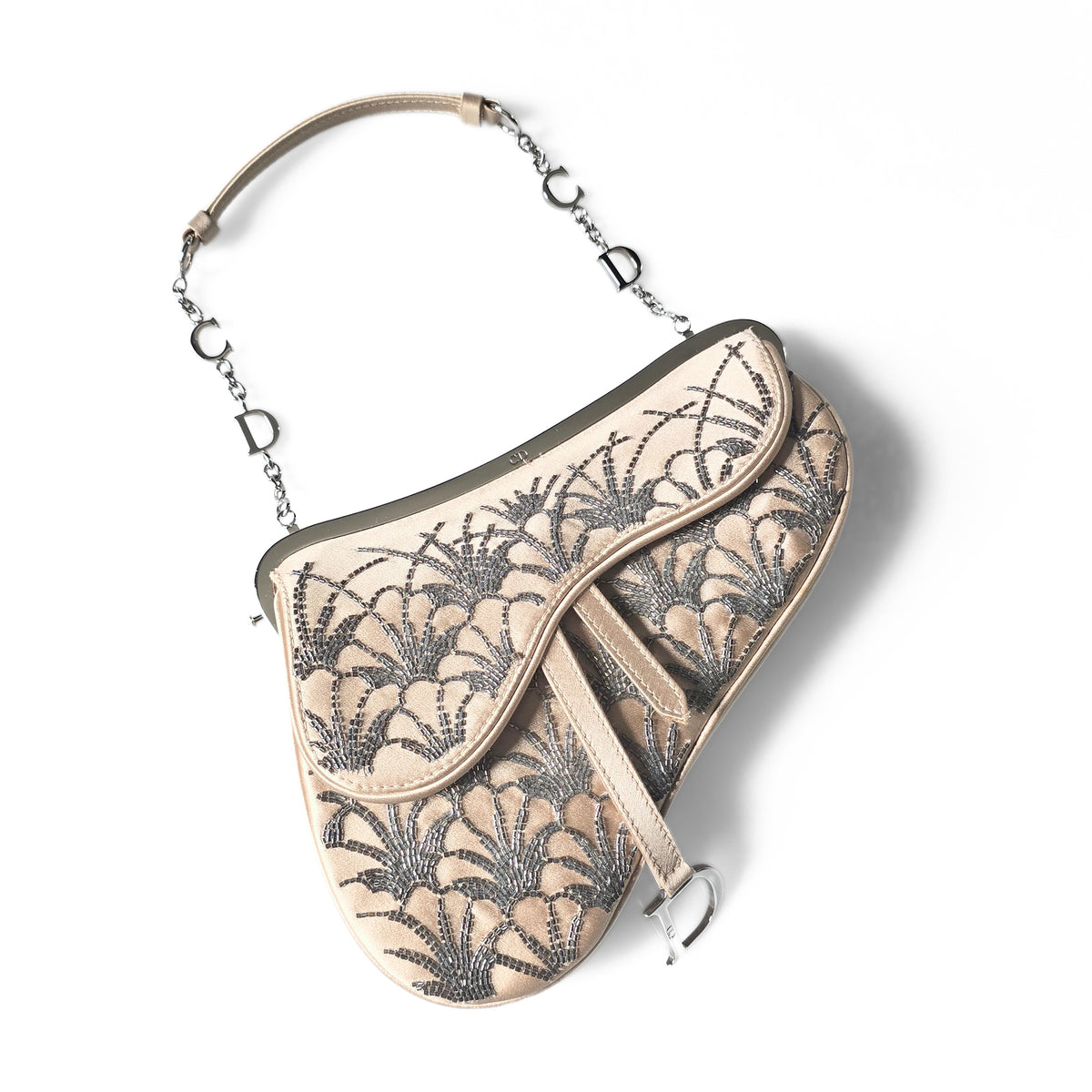 Dior Limited Edition Small Frame Saddle Bag Nude Silk Silver Beading