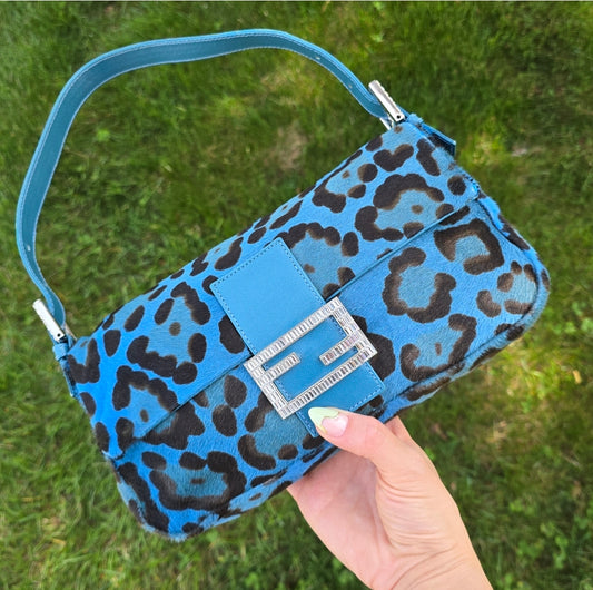 Fendi Baguette Leopard Print Pony Hair Blue with Crystal Detail