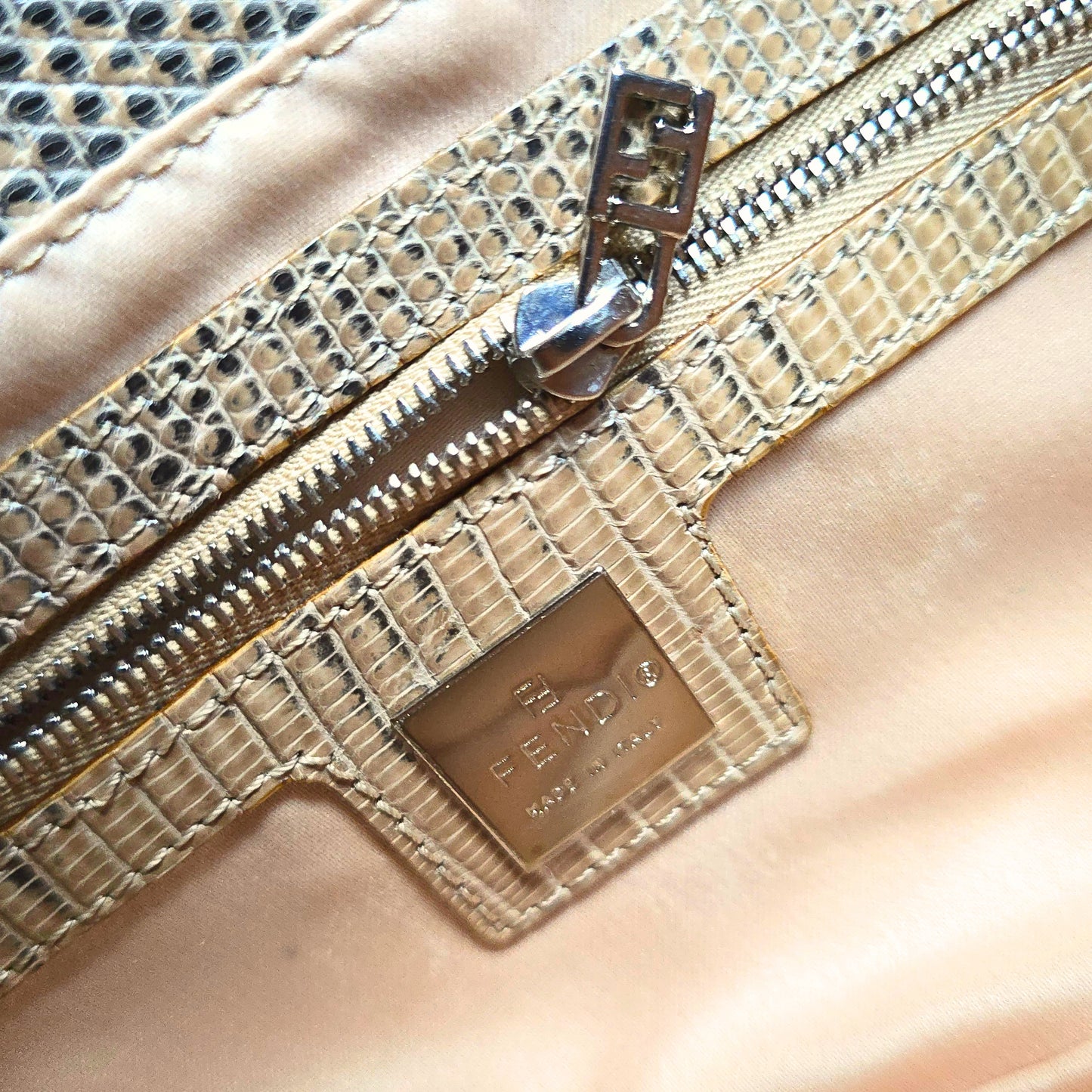 Fendi Baguette Nude Iridescent Sequins Lizard Leather Trim Detail