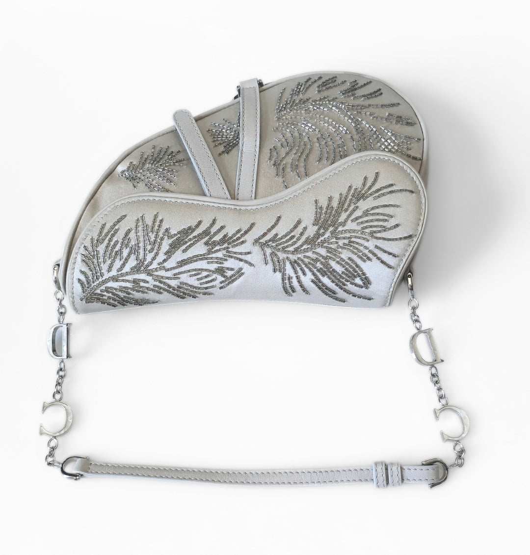 Dior Saddle Bag Limited Edition Beaded Silver Silk