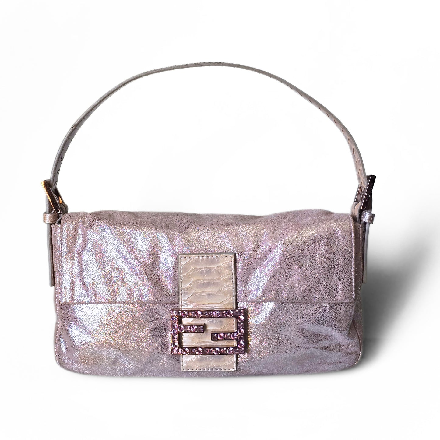Fendi Baguette Lavender Silver Shimmer Lilac Rhinestone Buckle
