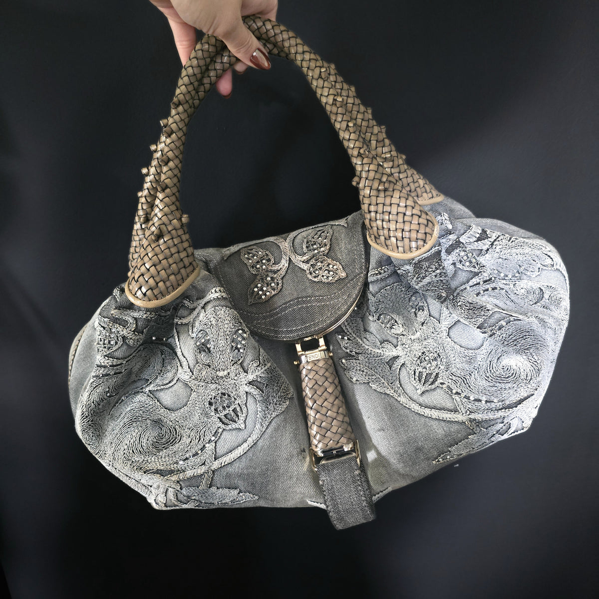 Fendi Limited Edition Denim Spy Bag Embroidered Rhinestone Squirrels