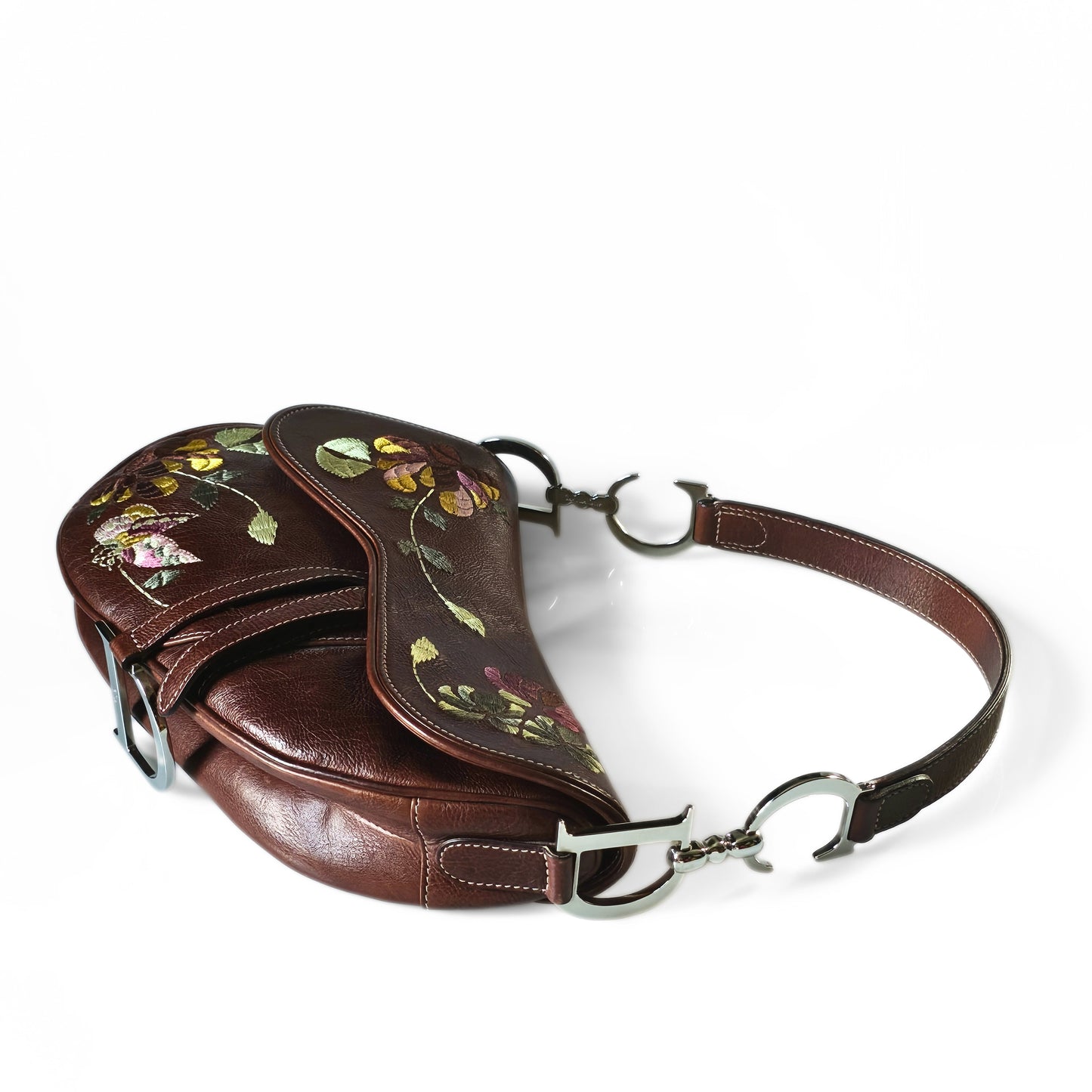 Dior Saddle Bag Floral Butterfly Embroidery Brown Leather