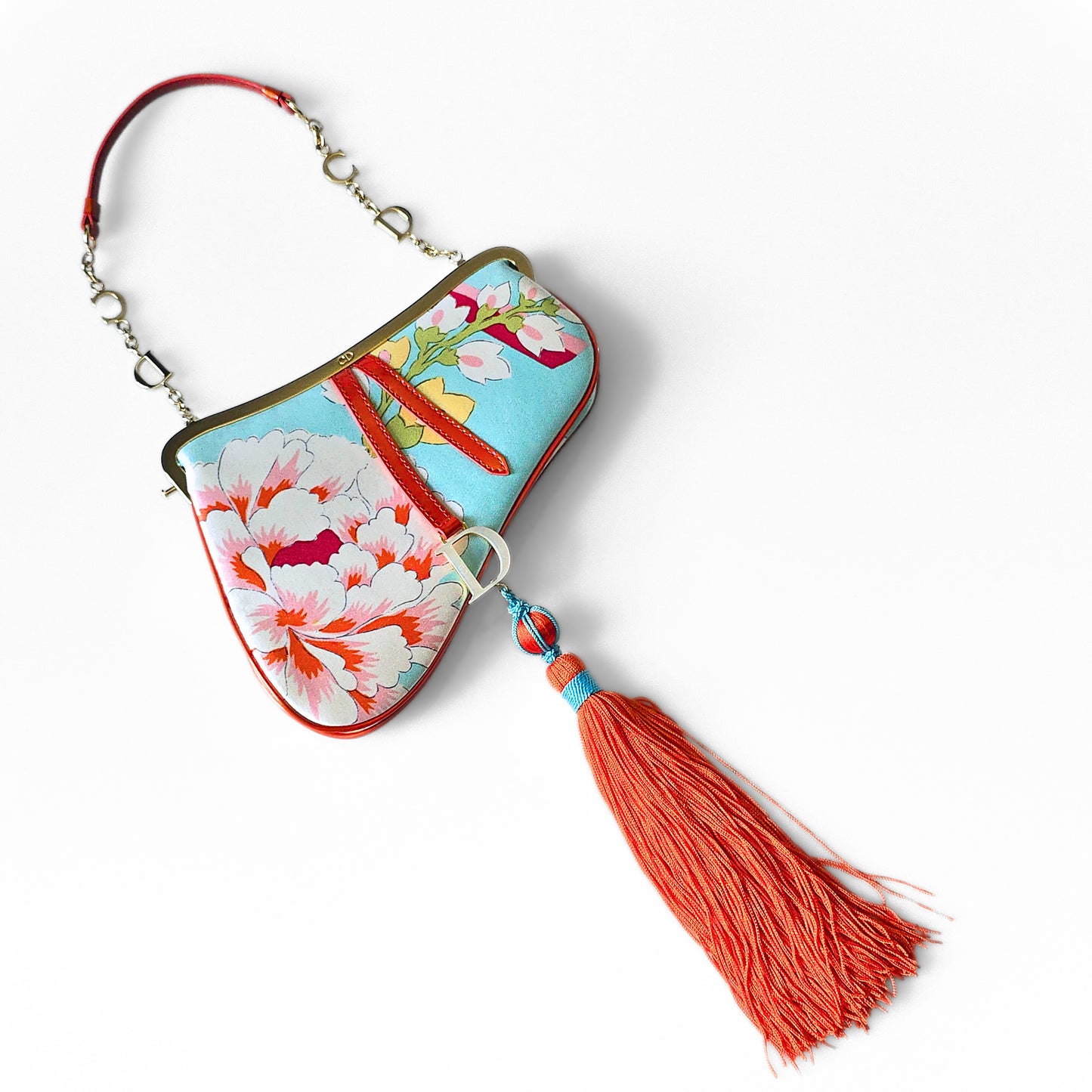 Dior Limited Edition 2003 Runway Floral Print Silk Mini Frame Saddle Bag Front Tassel Detail