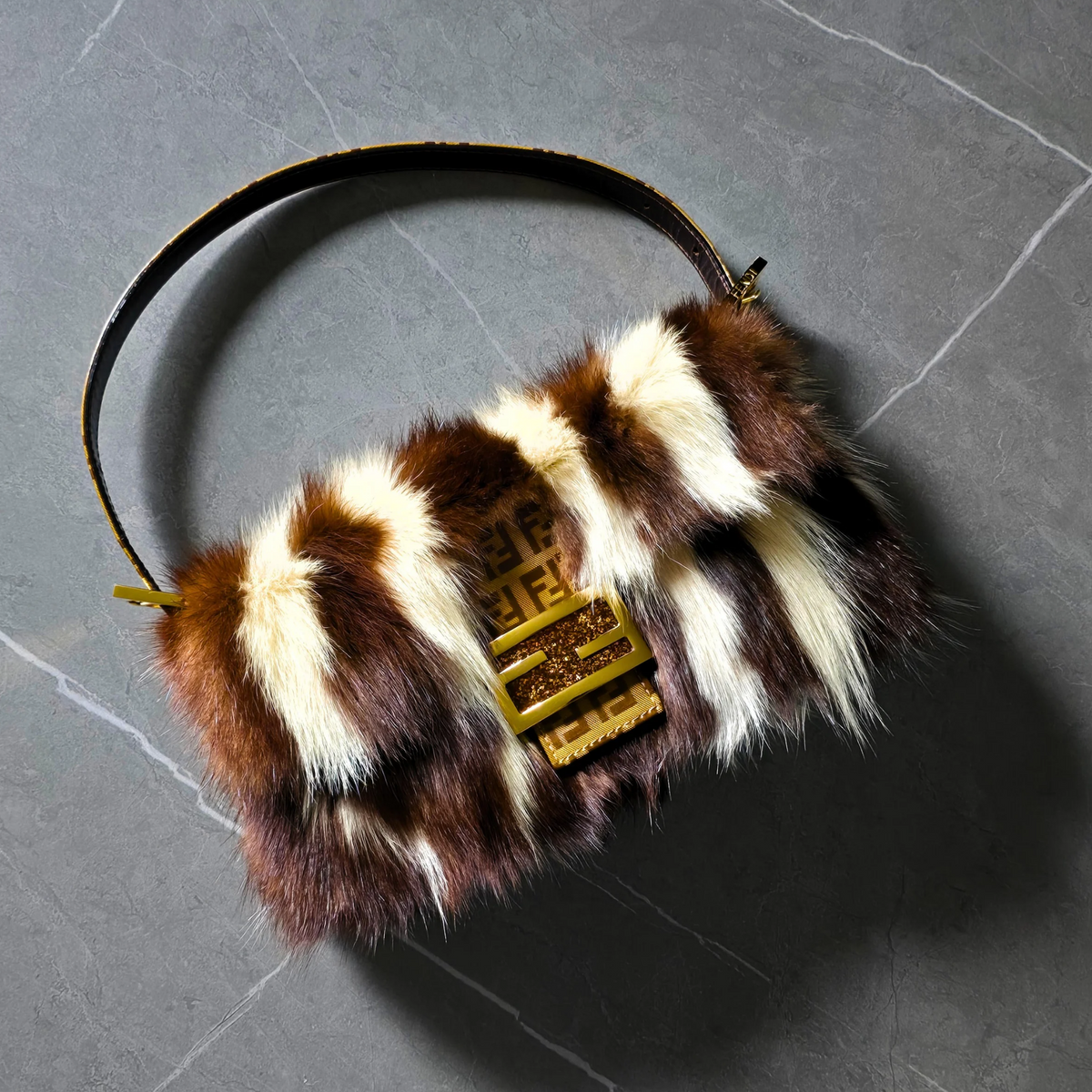 Fendi Baguette Genuine Skunk Fur Zucchino Trim Gold Glitter HW