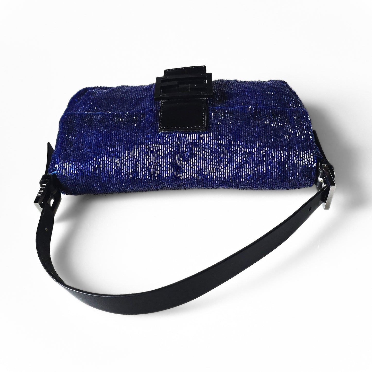 Fendi Baguette Beaded Sapphire Blue Black Leather Detail