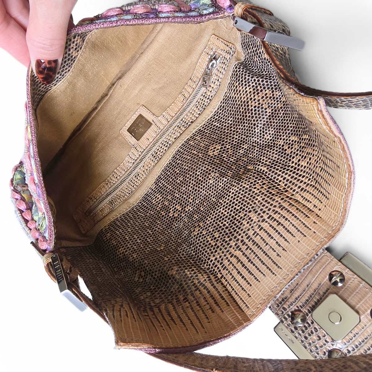 Fendi Baguette Pastels Mirror Embroidered Beaded Lizard Leather Trim