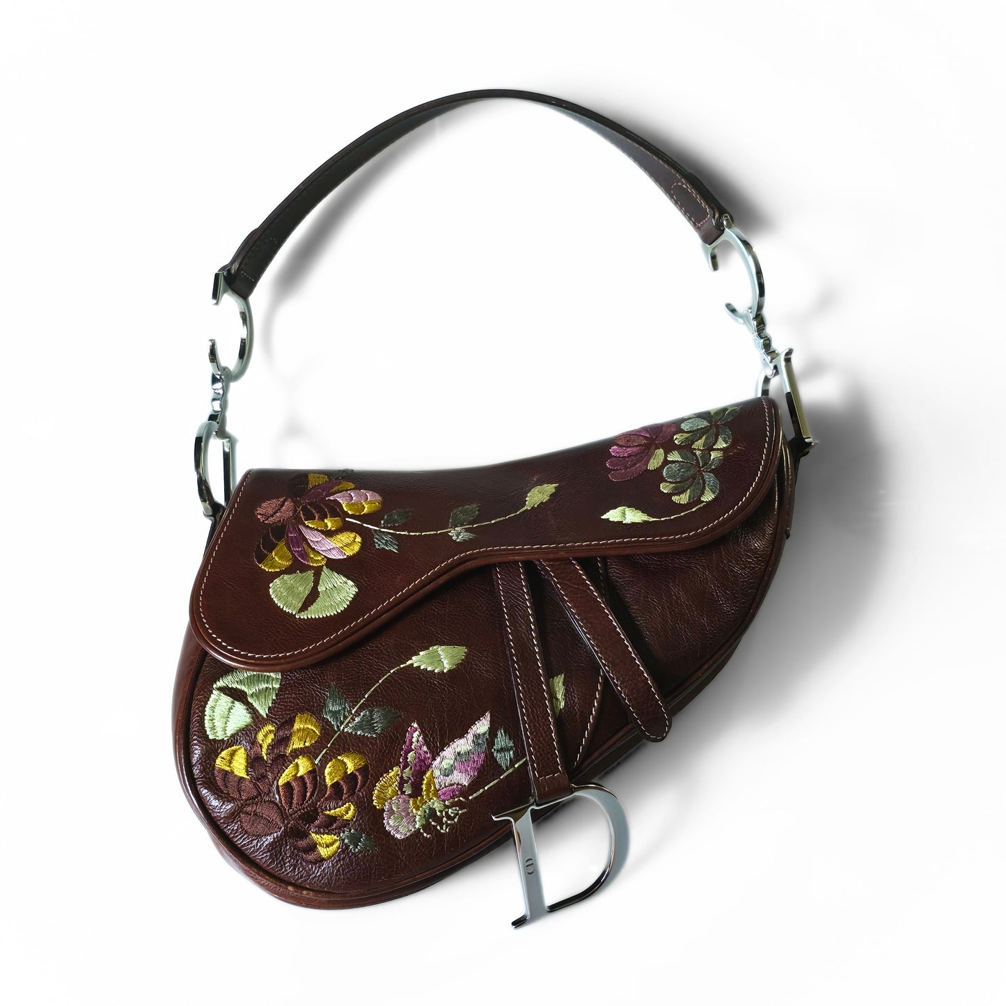 Dior Saddle Bag Floral Butterfly Embroidery Brown Leather