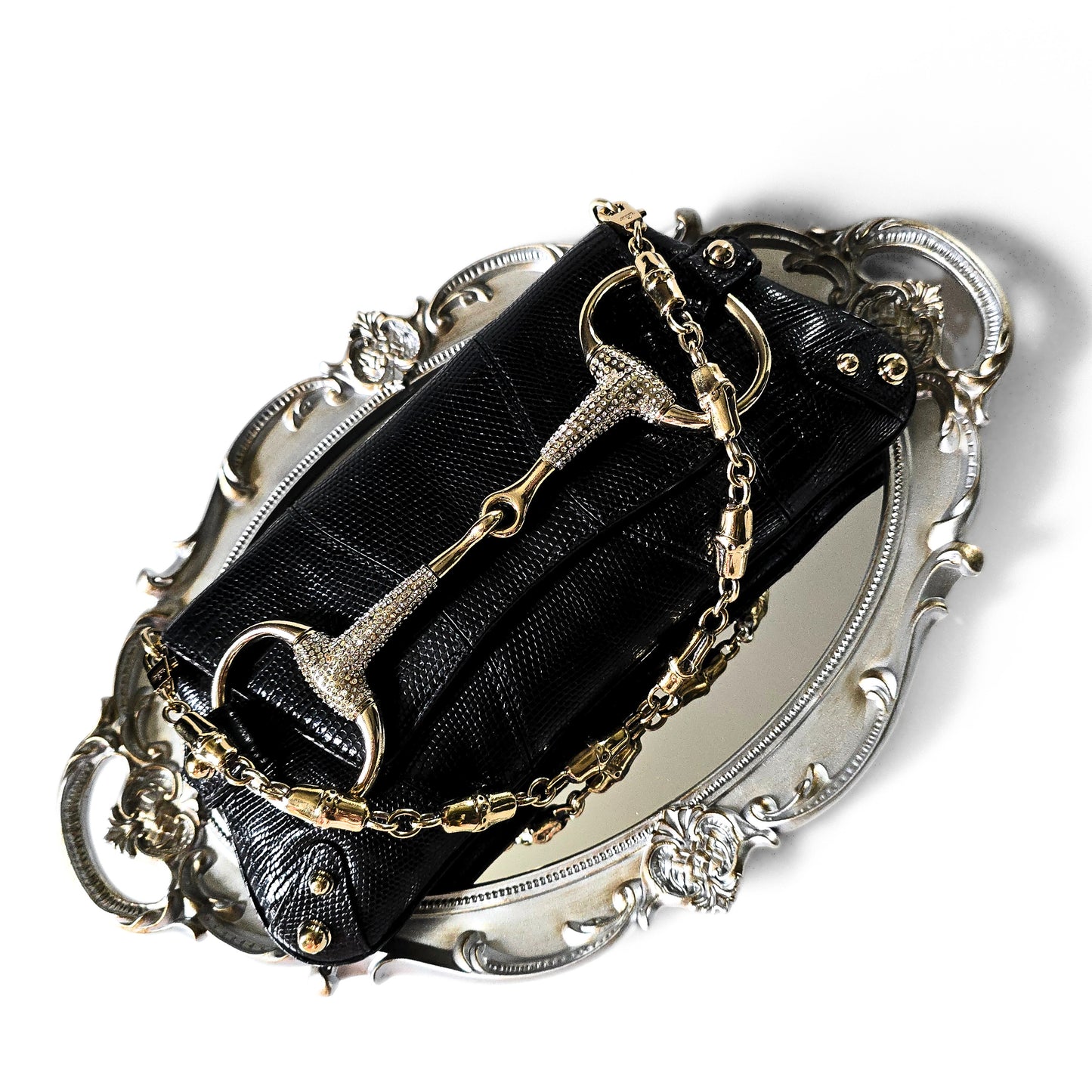 Gucci Horsebit Clutch Lizard Leather Crystal Hardware