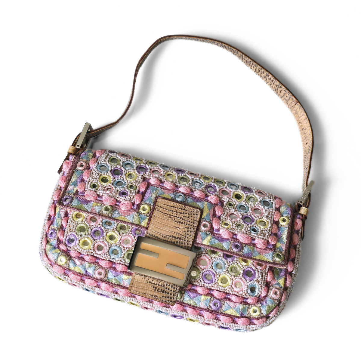 Fendi Baguette Pastels Mirror Embroidered Beaded Lizard Leather Trim