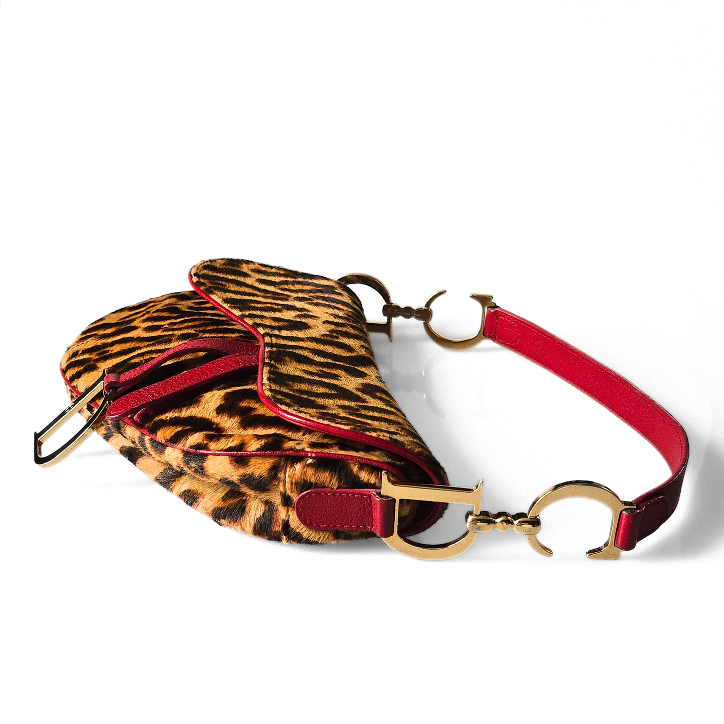 Dior Saddle Bag Leopard Pony-Hair Red Leather Detail