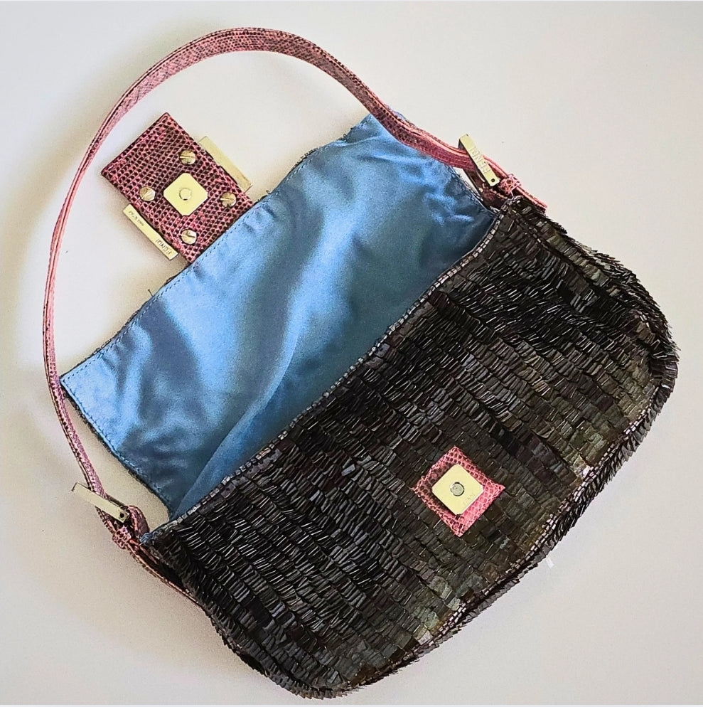 Fendi Baguette Sequins with Beaded Stripe Detailing and Lizard Trim