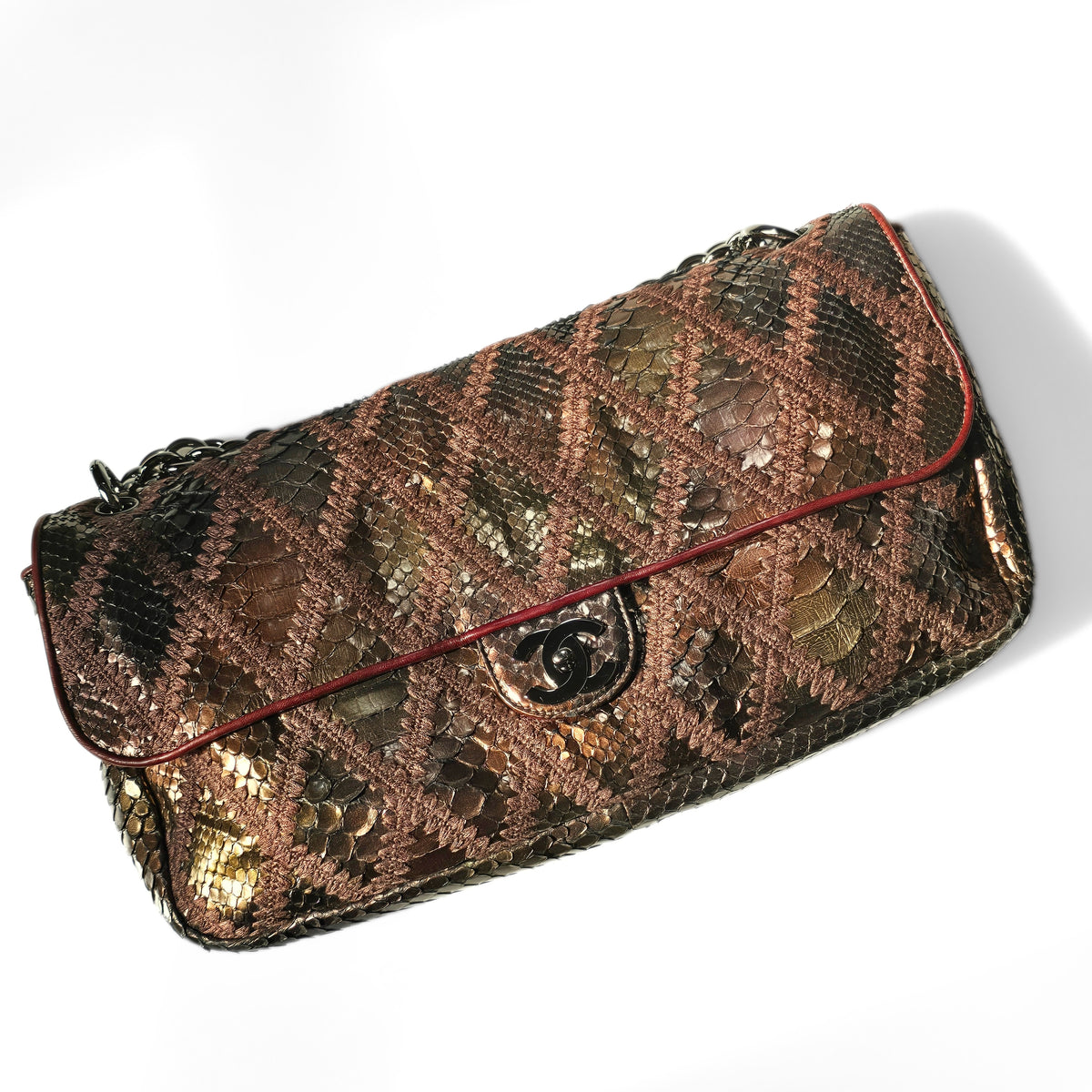 Chanel Single Flap Soft Crochet Bronze Metallic Python