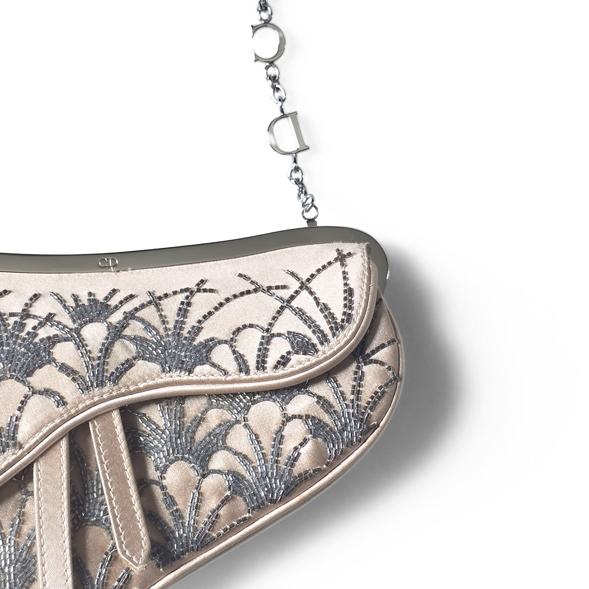Dior Limited Edition Small Frame Saddle Bag Nude Silk Silver Beading