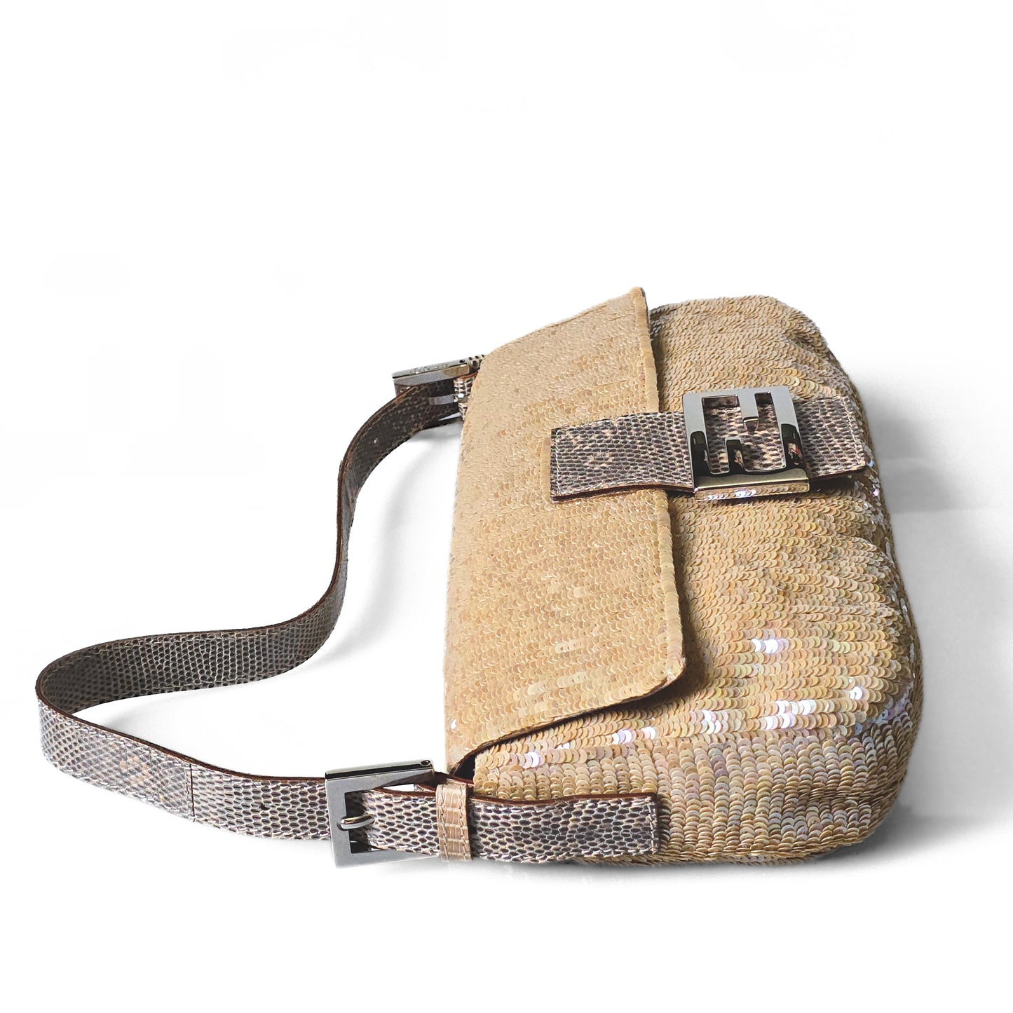 Fendi Baguette Nude Iridescent Sequins Lizard Leather Trim Detail