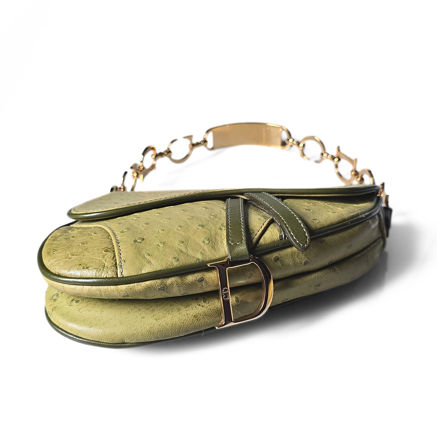 Dior Saddle Bag Green Ostrich Leather C&D Chain Strap Small