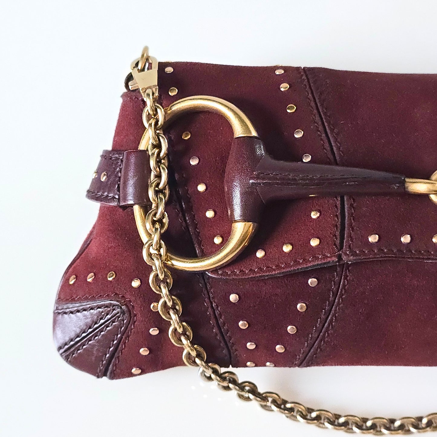 Gucci Horsebit Clutch Tom Ford Era Burgundy Suede Studded
