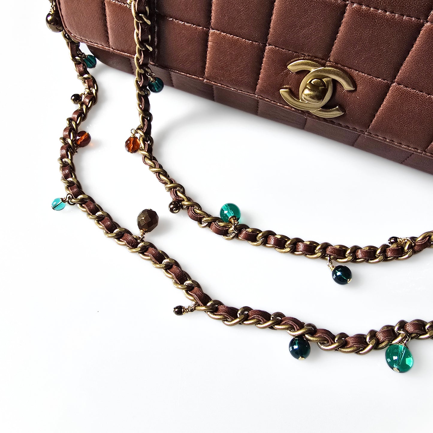Chanel Chocolate Bar Single Flap Bag Rare Beaded Embellished Chain Strap