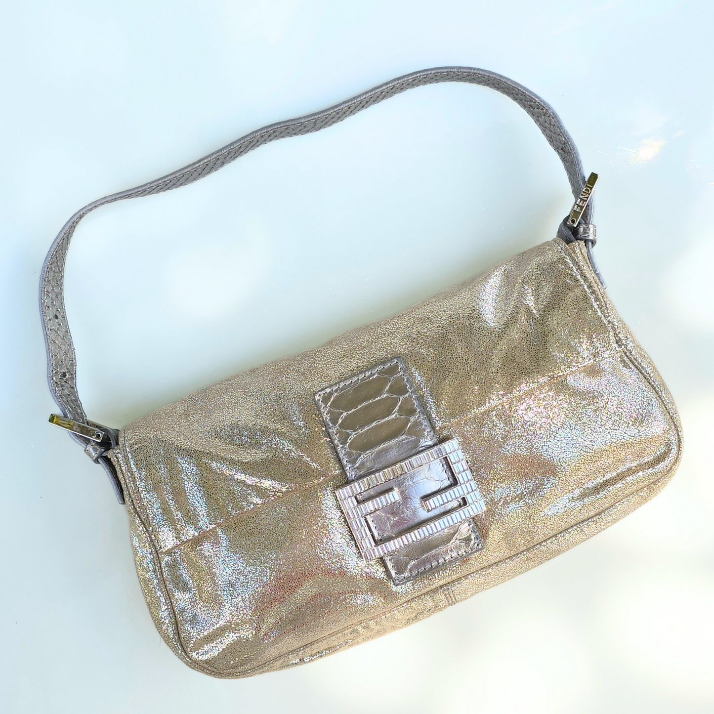 Fendi Baguette Metallic Suede Python Leather