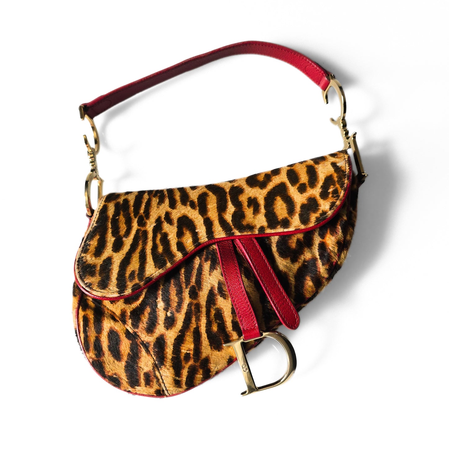 Dior Saddle Bag Leopard Pony-Hair Red Leather Detail