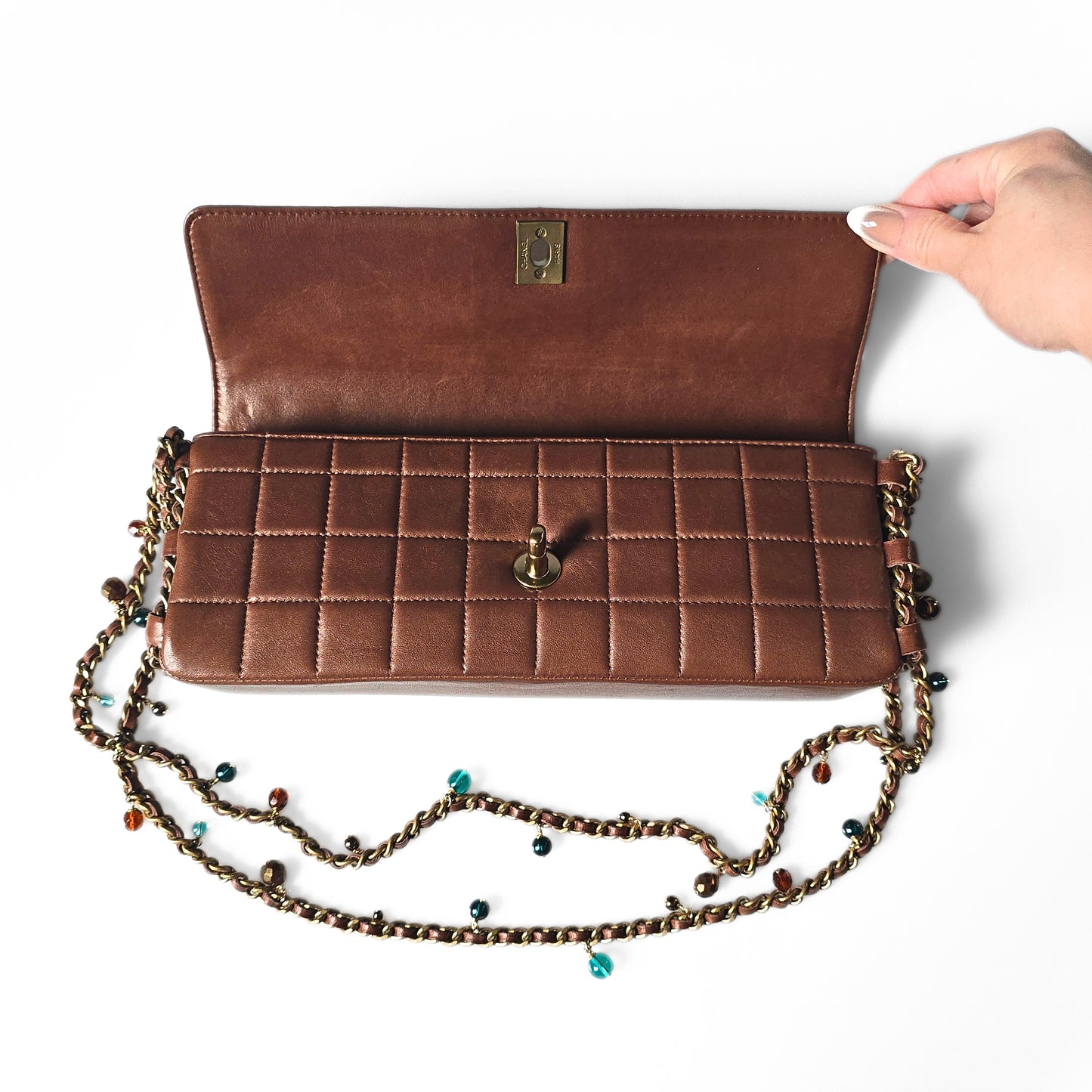 Chanel Chocolate Bar Single Flap Bag Rare Beaded Embellished Chain Strap
