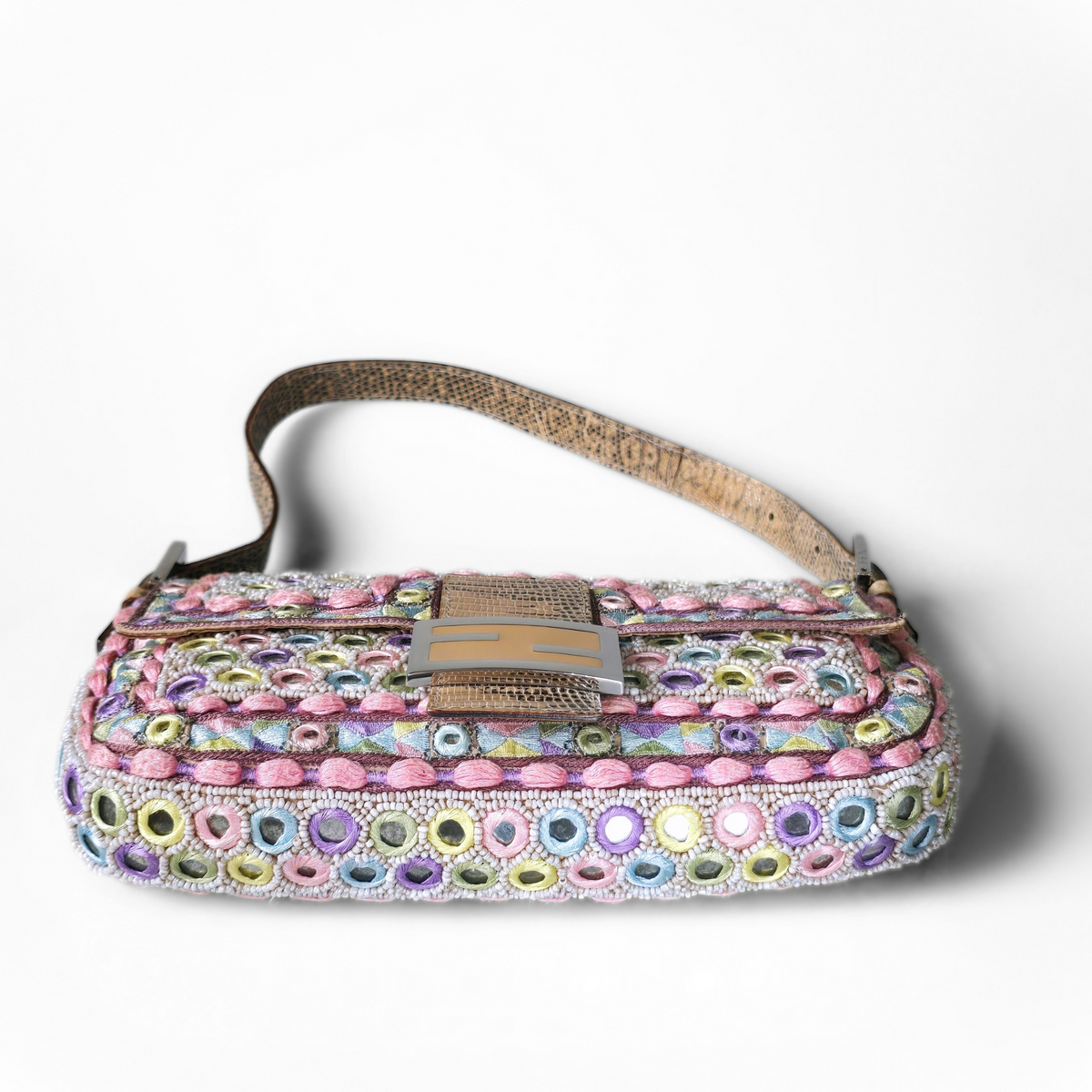 Fendi Baguette Pastels Mirror Embroidered Beaded Lizard Leather Trim