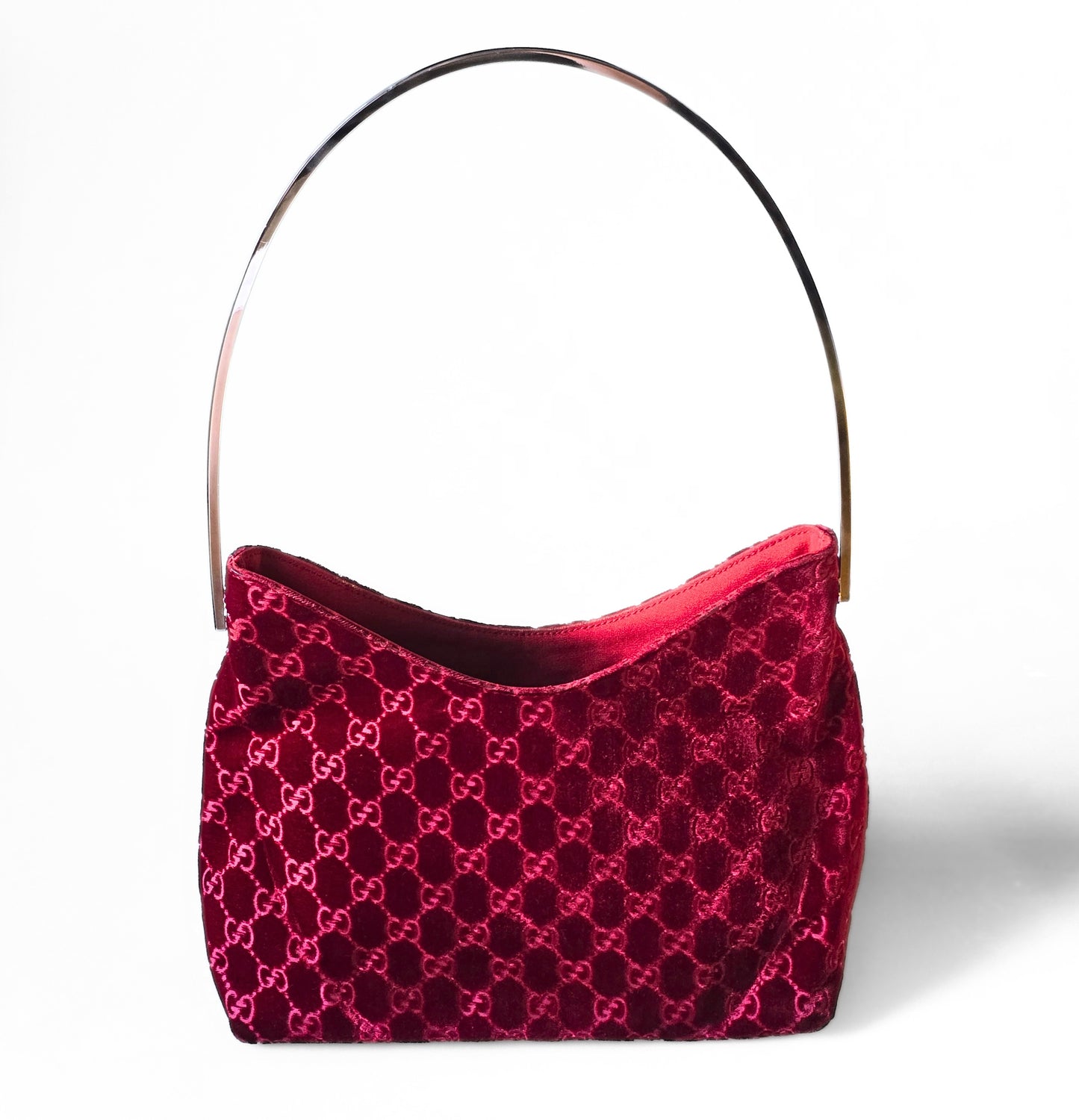 Gucci by Tom Ford 1997 Red Velvet GG Monogram Chrome Metal Handle