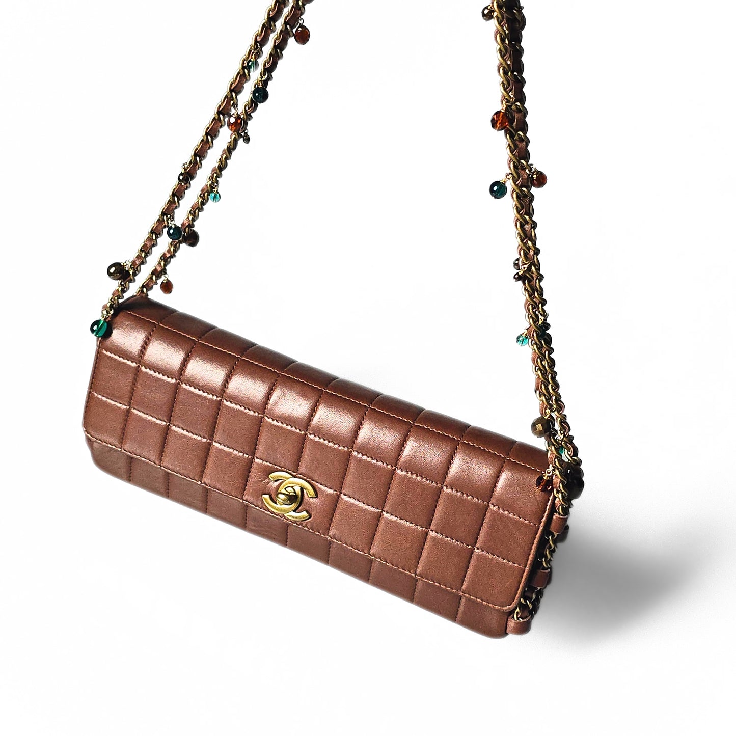 Chanel Chocolate Bar Single Flap Bag Rare Beaded Embellished Chain Strap