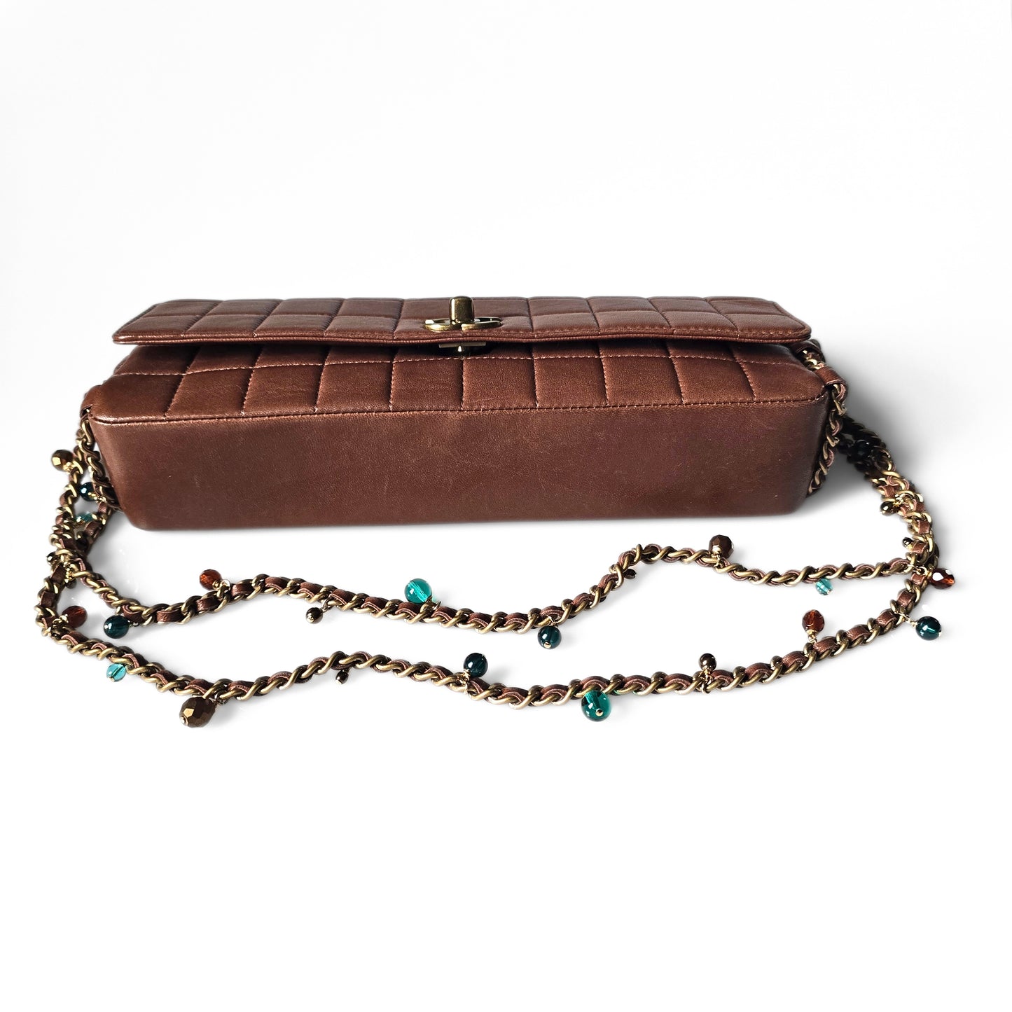 Chanel Chocolate Bar Single Flap Bag Rare Beaded Embellished Chain Strap