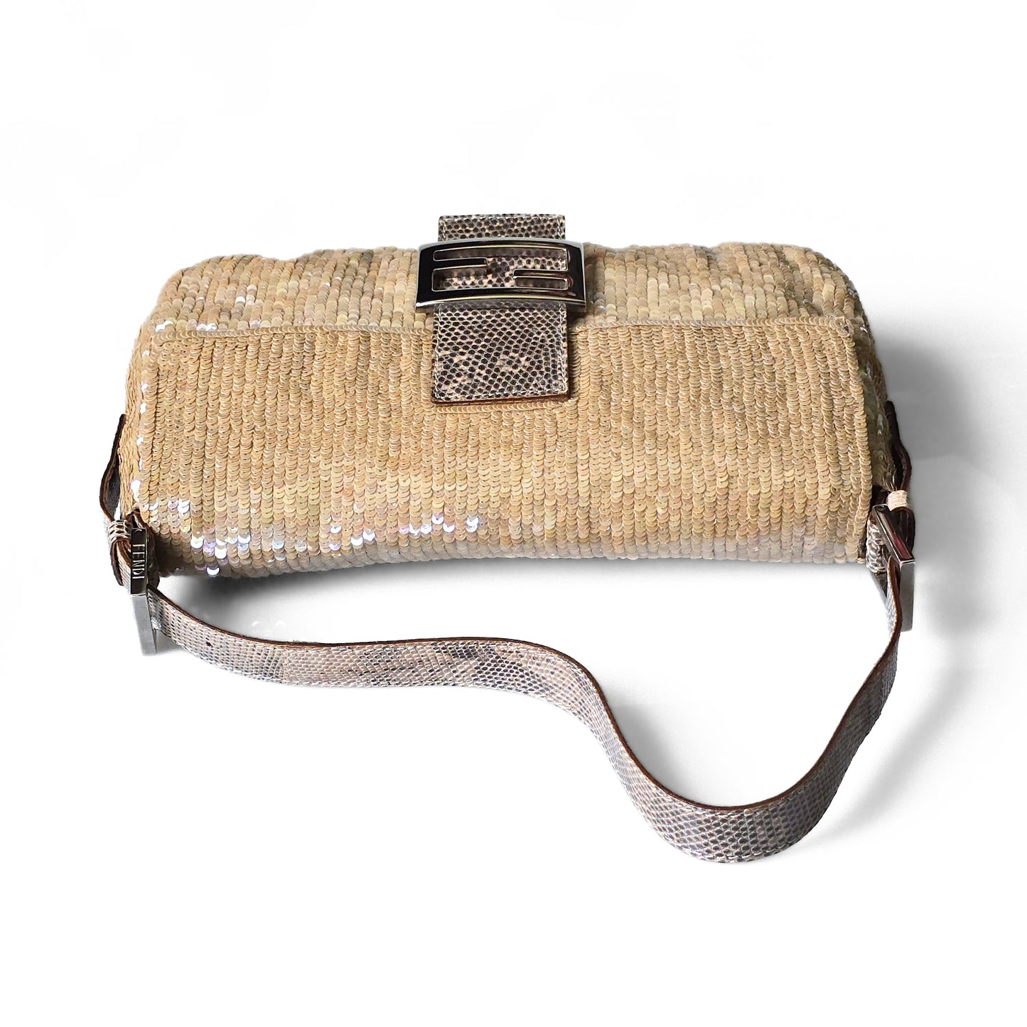 Fendi Baguette Nude Iridescent Sequins Lizard Leather Trim Detail