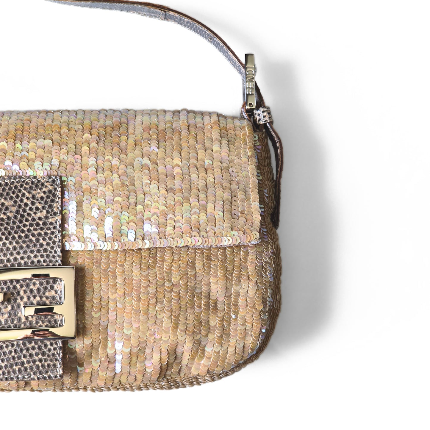 Fendi Baguette Nude Iridescent Sequins Lizard Leather Trim Detail