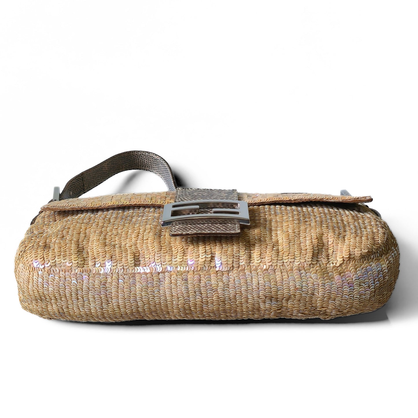 Fendi Baguette Nude Iridescent Sequins Lizard Leather Trim Detail