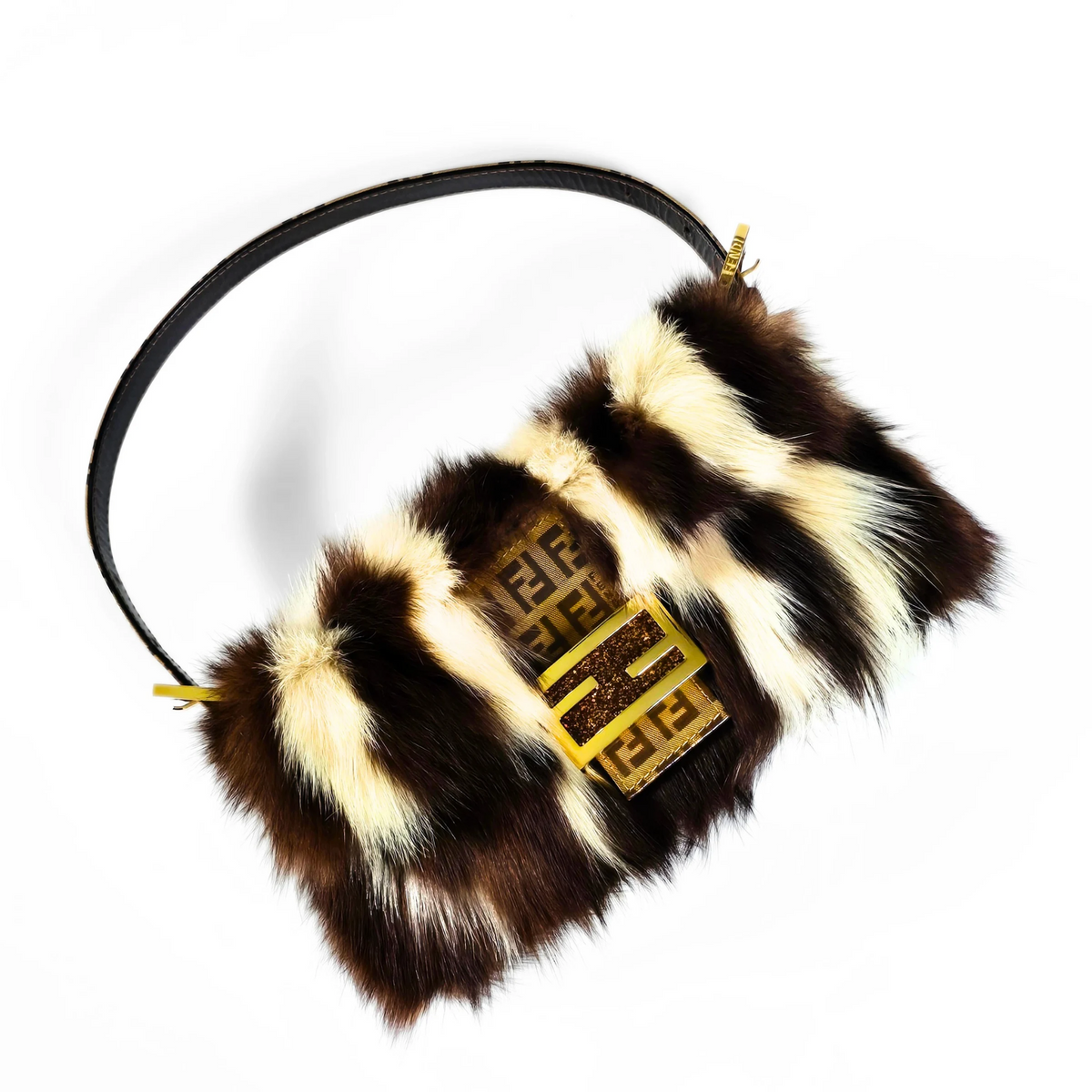 Fendi Baguette Genuine Skunk Fur Zucchino Trim Gold Glitter HW