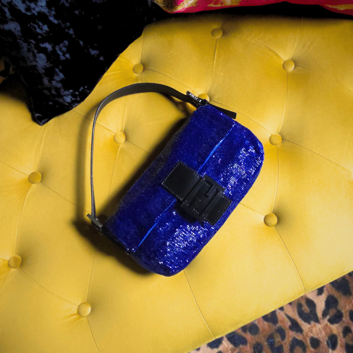 Fendi Baguette Beaded Sapphire Blue Black Leather Detail