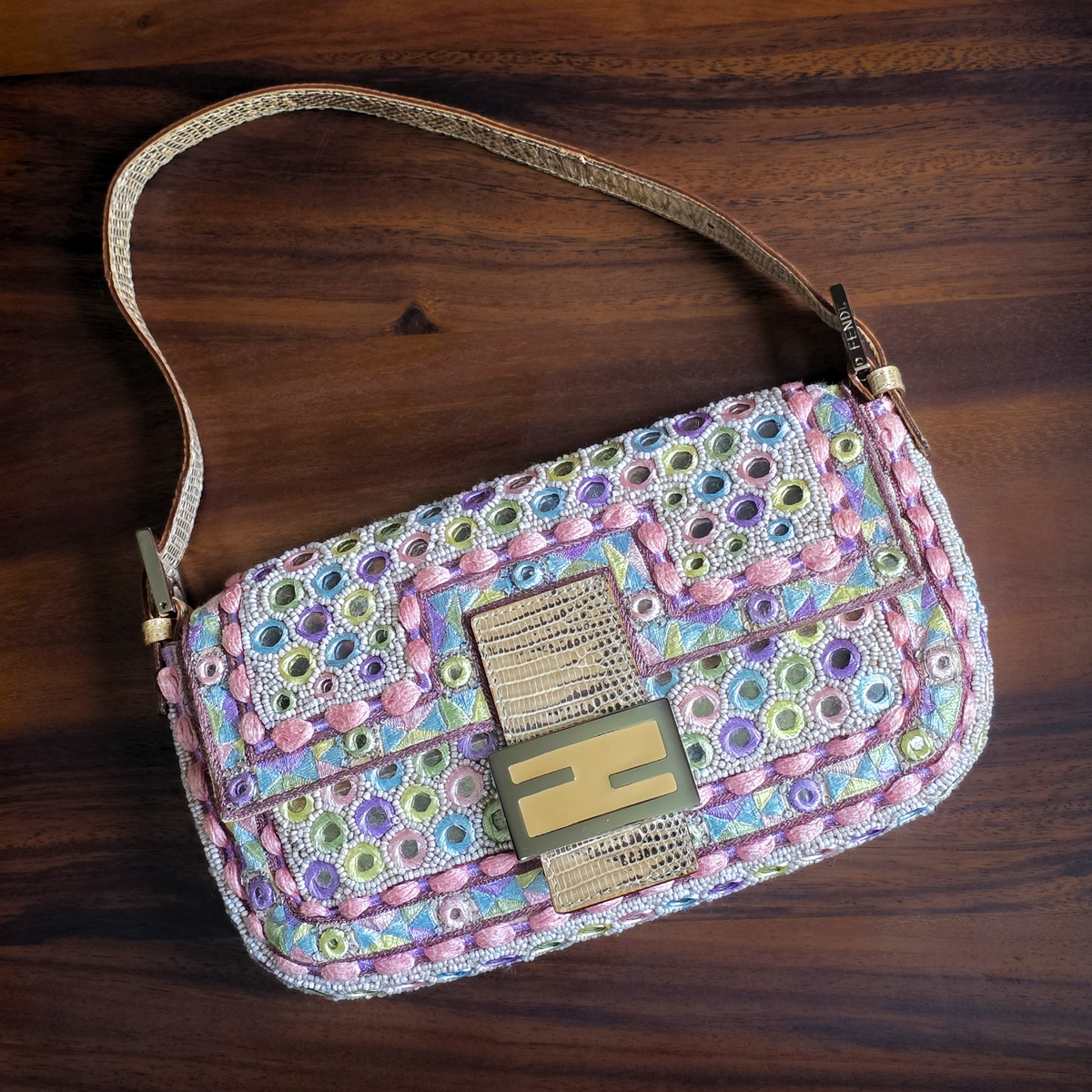 Fendi Baguette Pastels Mirror Embroidered Beaded Lizard Leather Trim