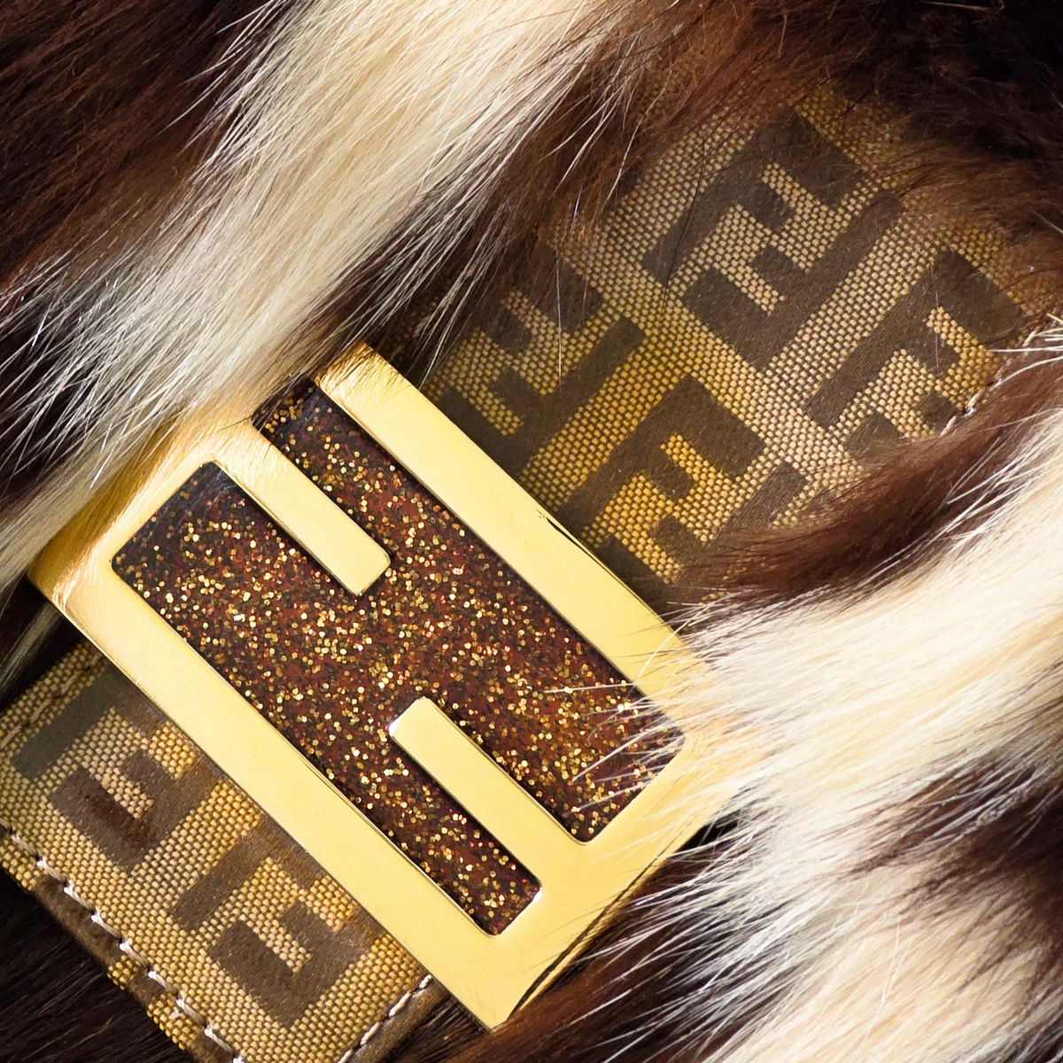 Fendi Baguette Genuine Skunk Fur Zucchino Trim Gold Glitter HW