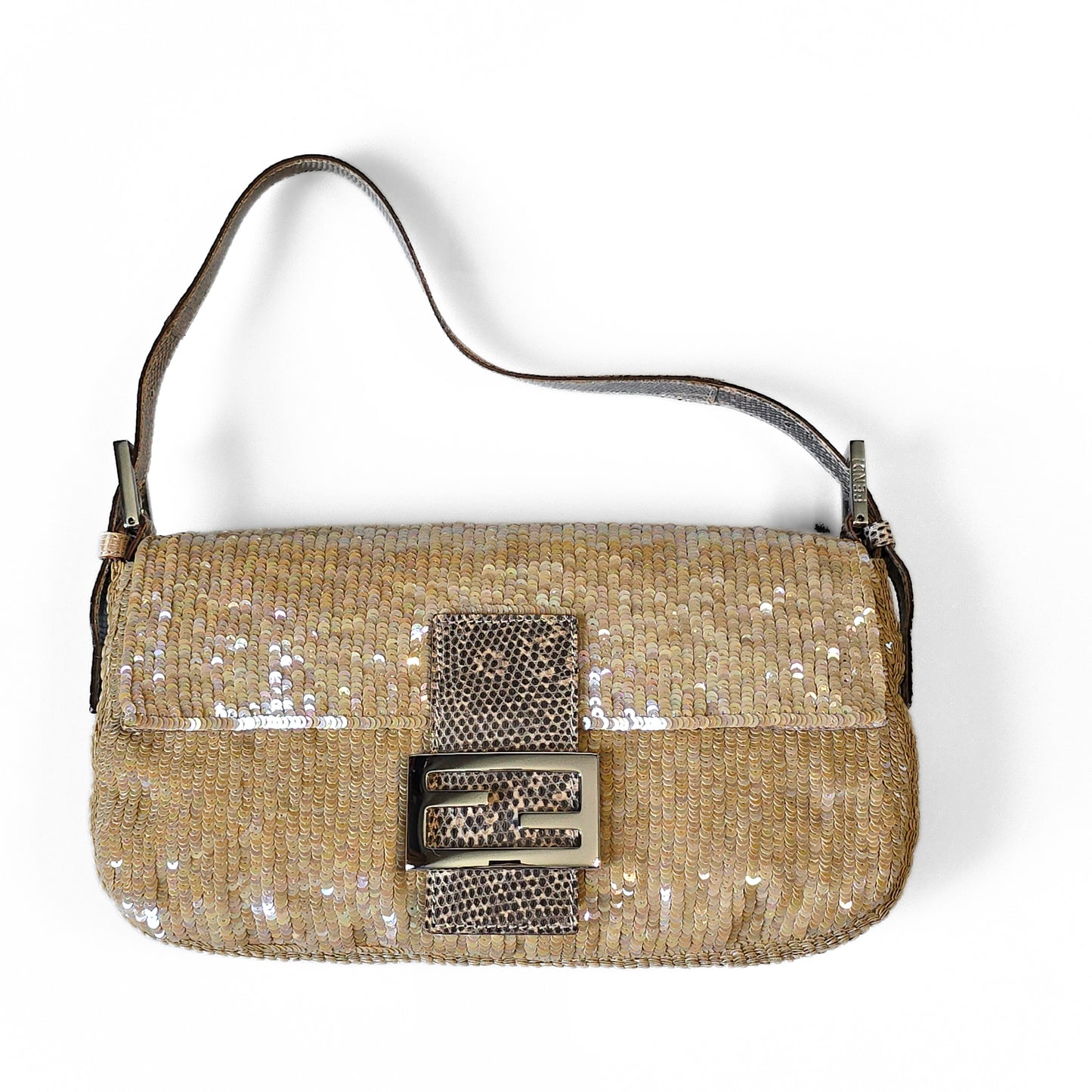 Fendi Baguette Nude Iridescent Sequins Lizard Leather Trim Detail