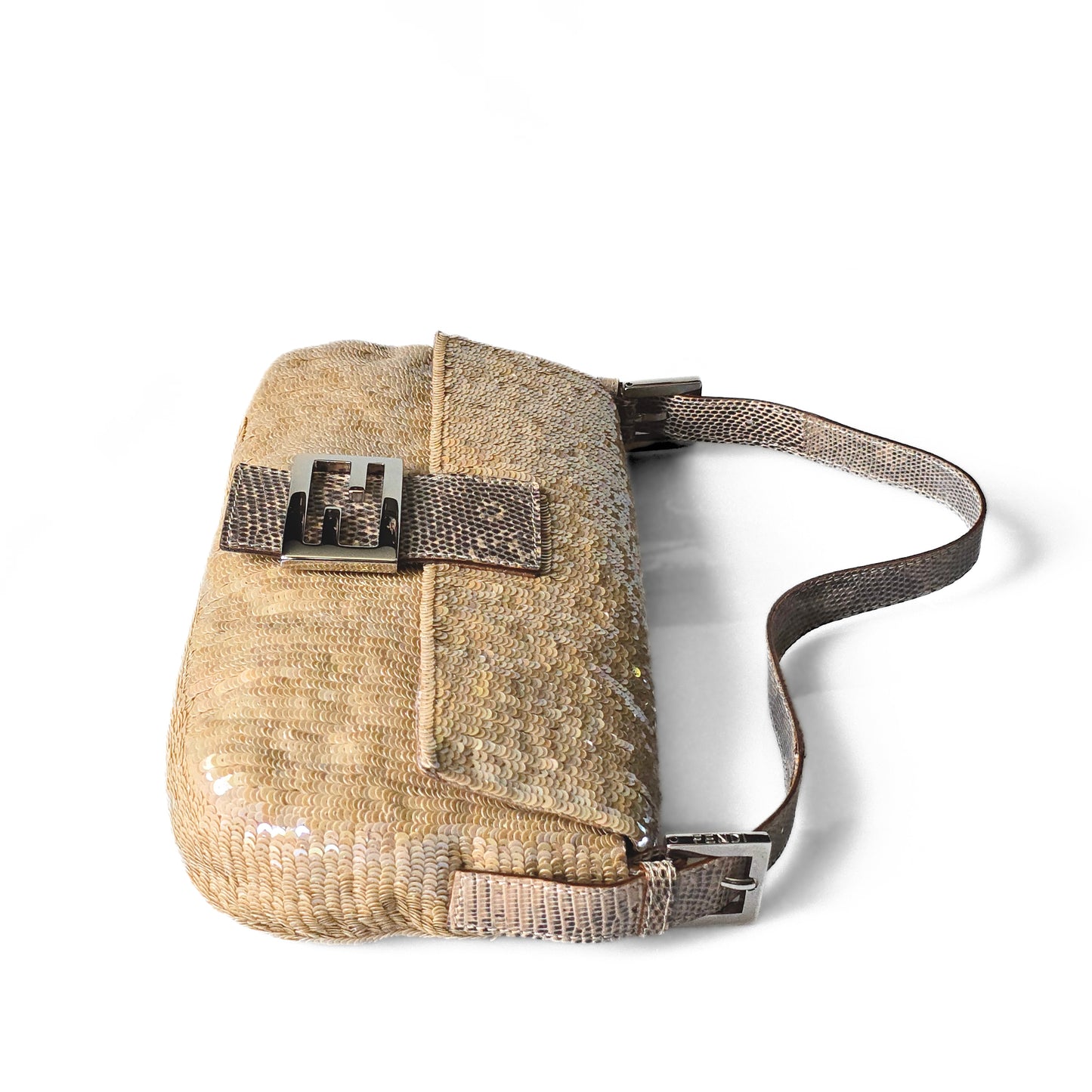Fendi Baguette Nude Iridescent Sequins Lizard Leather Trim Detail