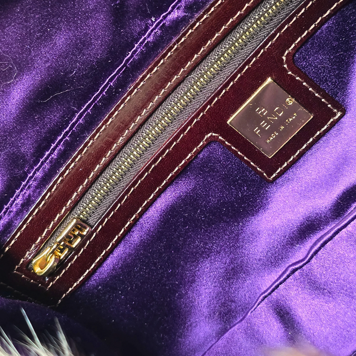 Fendi Baguette Genuine Skunk Fur Zucchino Trim Gold Glitter HW