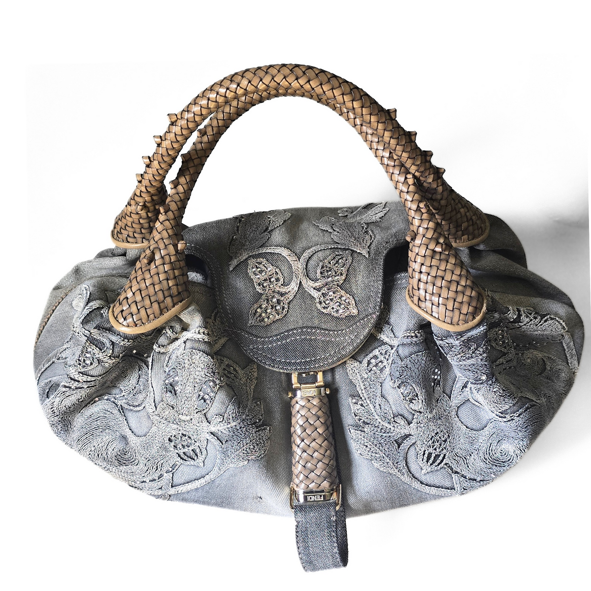Fendi Limited Edition Denim Spy Bag Embroidered Rhinestone Squirrels