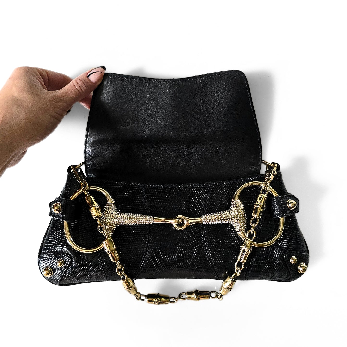 Gucci Horsebit Clutch Lizard Leather Crystal Hardware
