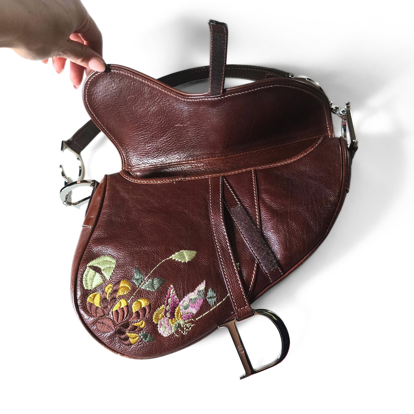Dior Saddle Bag Floral Butterfly Embroidery Brown Leather