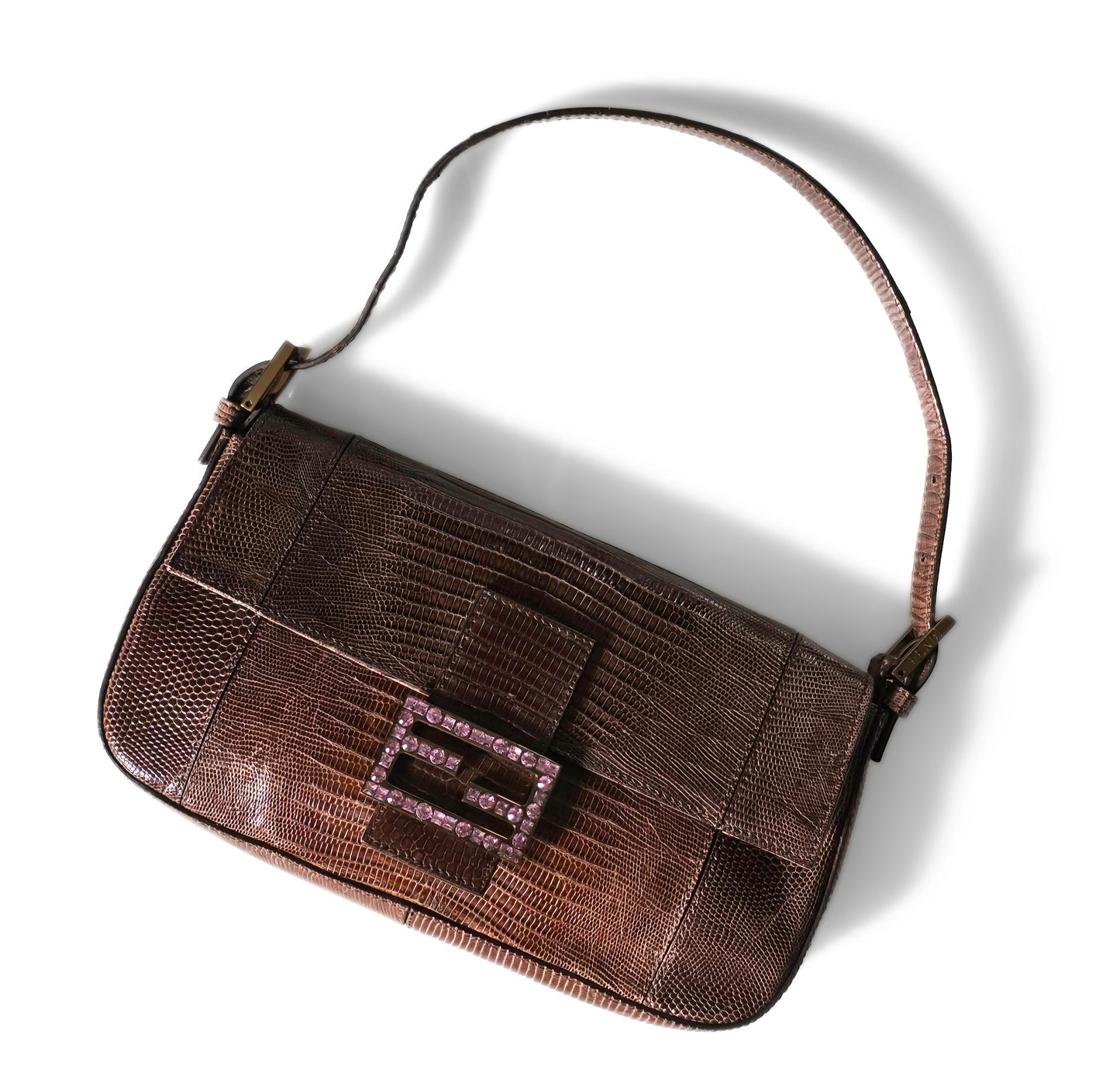 Fendi Baguette Deep Brown Lizard Leather with Lilac Crystal Buckle