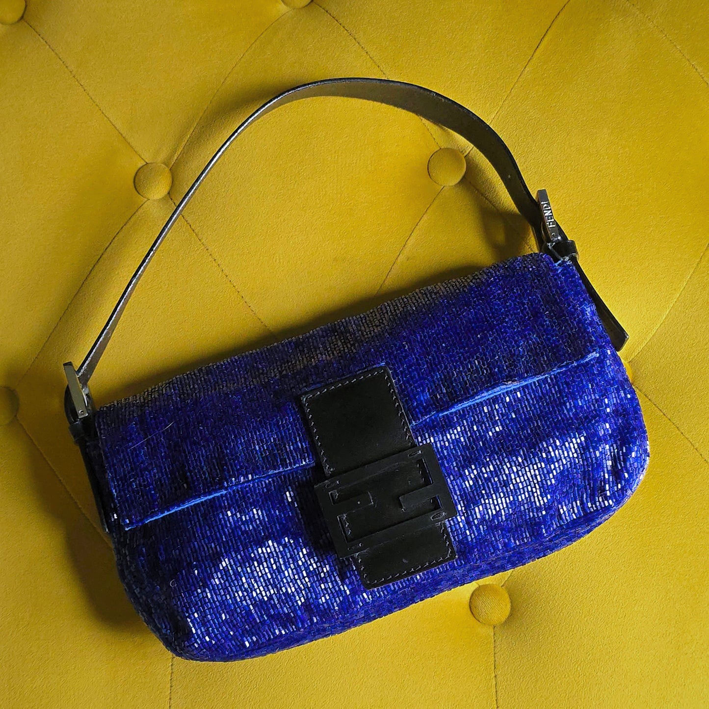 Fendi Baguette Beaded Sapphire Blue Black Leather Detail