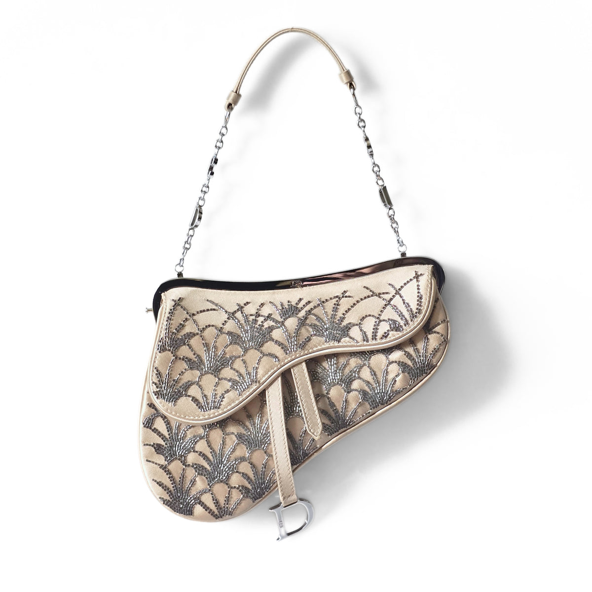 Dior Limited Edition Small Frame Saddle Bag Nude Silk Silver Beading