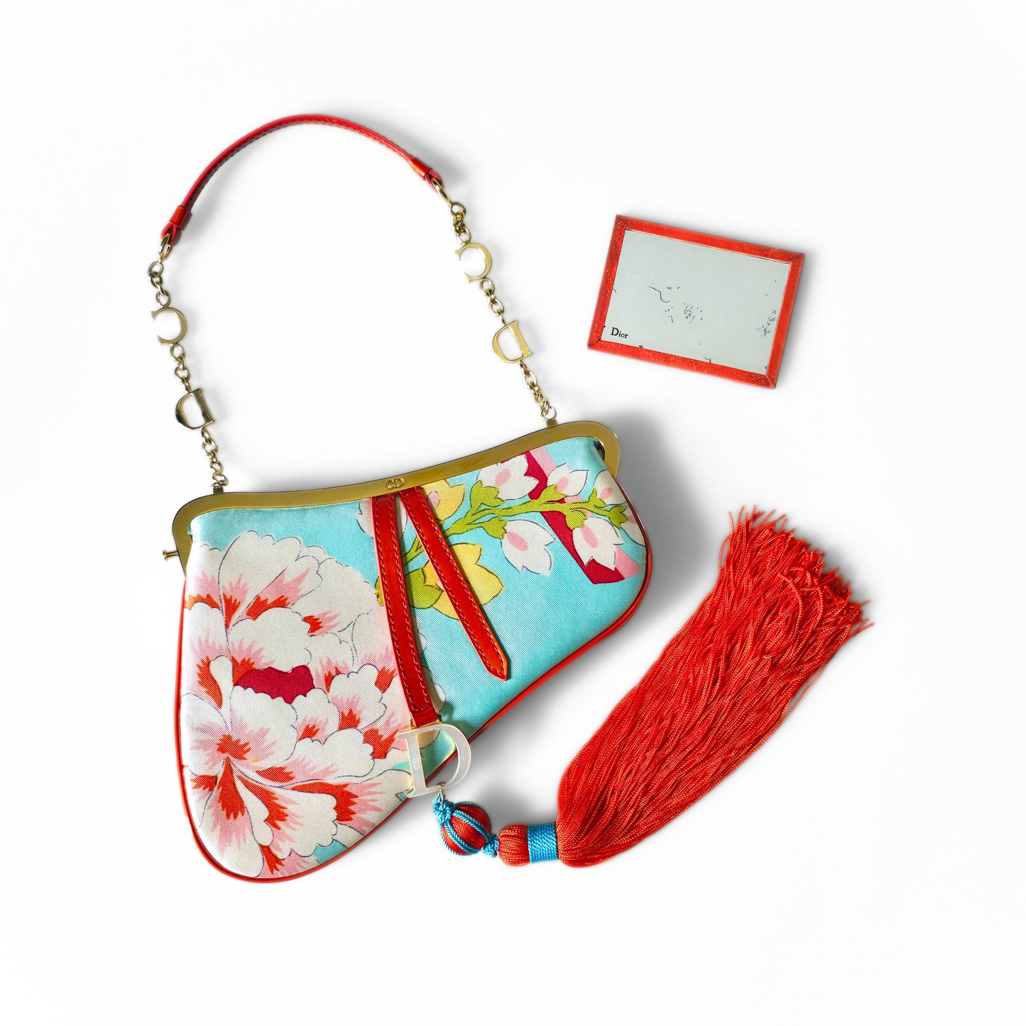 Dior Limited Edition 2003 Runway Floral Print Silk Mini Frame Saddle Bag Front Tassel Detail