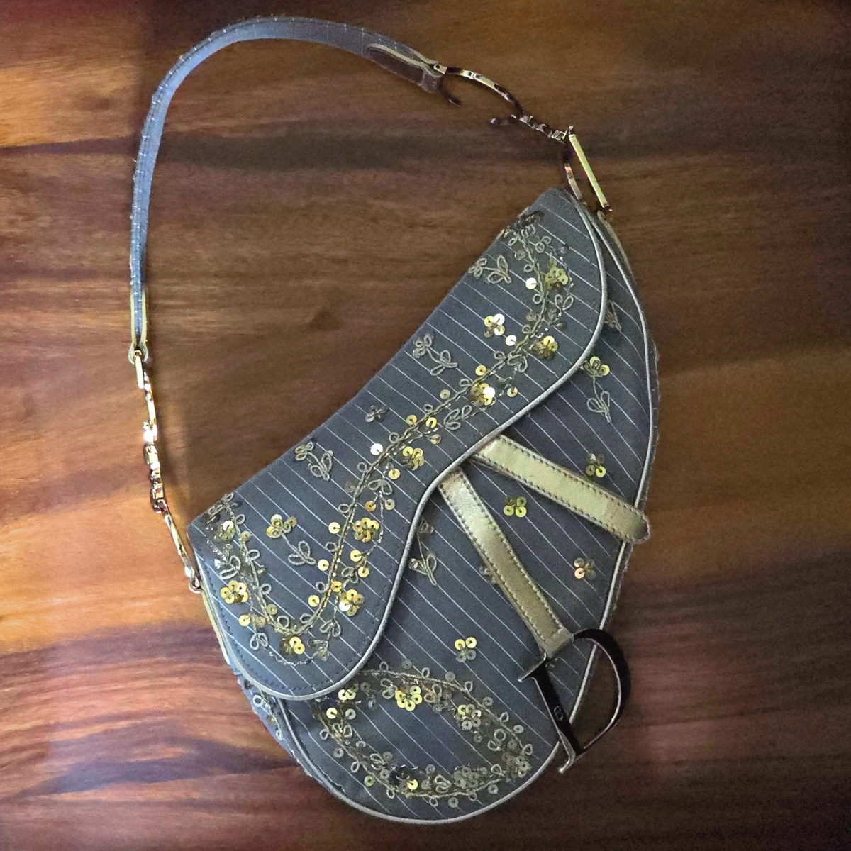 Dior Saddle Bag Limited Edition Pinstripe Sequin Embroidered